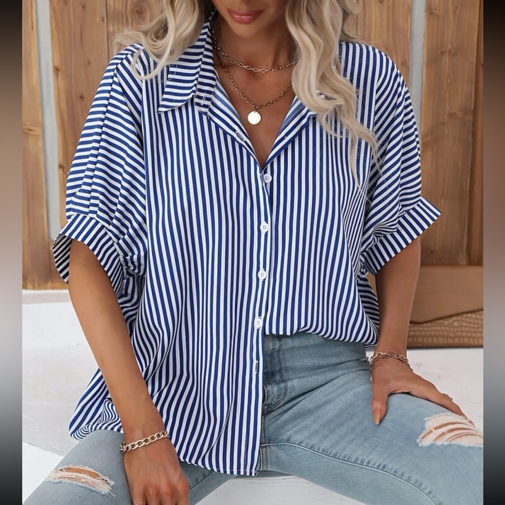 Classic Oversized Loose Fit Stripe Batwing Sleeve Button Down Shirt Top - Picture 8 of 14